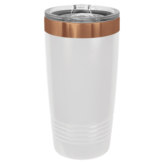 White tumbler with a copper rim on a white background