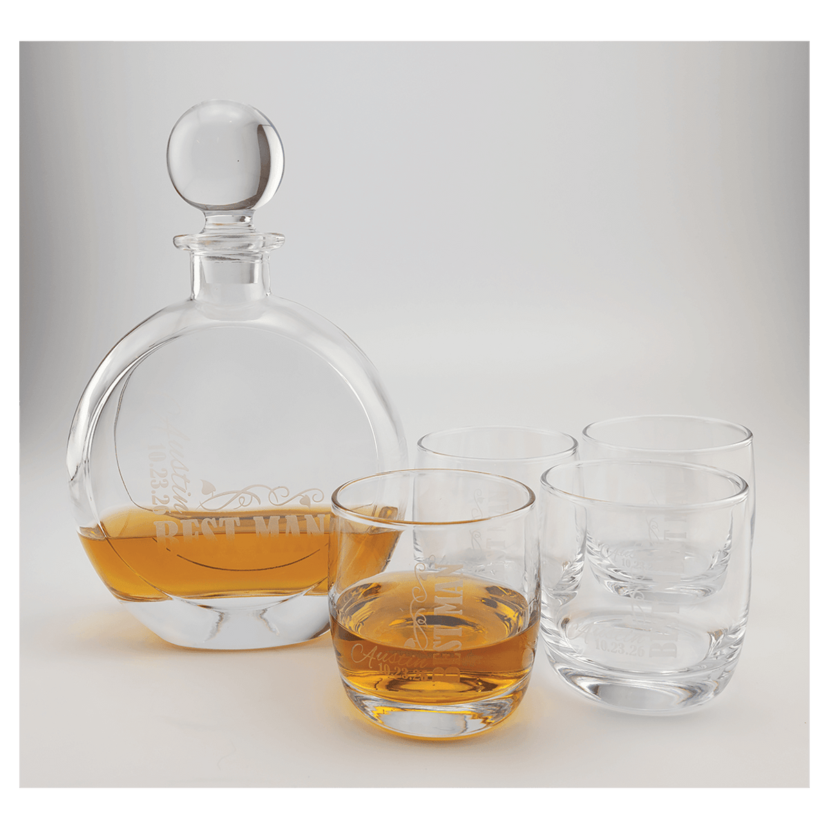 T Round Rocks Glass 750ml Flat Round Glass Decanter Set with Four DG302S 10 oz. Rocks Glas ...