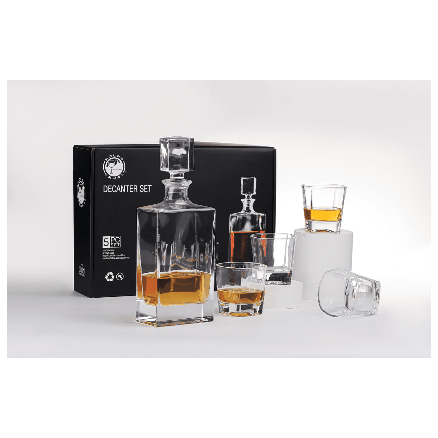 Polar Camel 810mL Rectangle Glass Decanter Set with Four 8 oz. Rocks Glasses