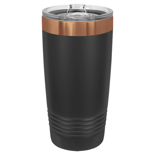 Black tumbler with a copper accent on a white background